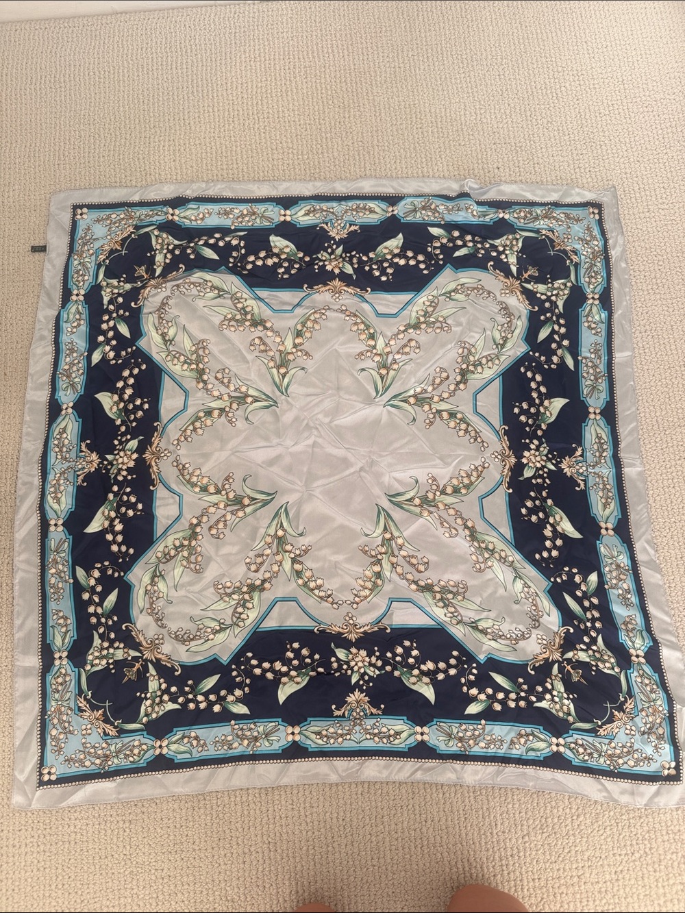Large satin Floral Scarf in Navy and Light Blue